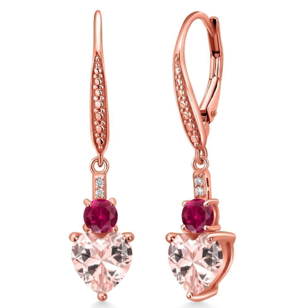 18K Rose Gold with 3.03 Cttw Peach Morganite and Ruby Heart Drop Earrings